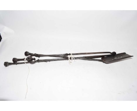 Set of three steel fire tools and pair of fire dogs