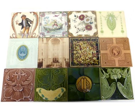 Box containing quantity of 19th century ceramic tiles, various makers and designs (27)