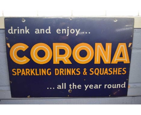 Vintage enamel advertising sign 'Corona sparkling drinks and squashes', 76cm wide