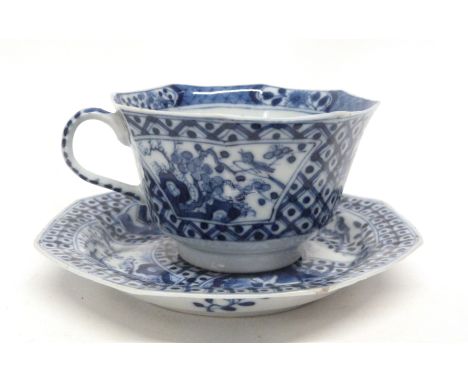 octagonal blue and white Chinese porcelain cup and saucer decorated in Kangxi style