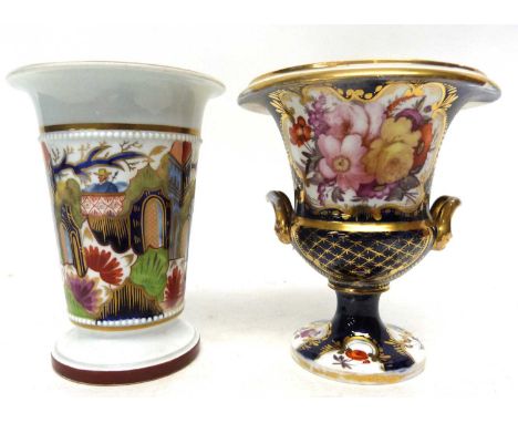 Spode style spill vase with Imari design, together with a further vase decorated with flowers in Derby style (rim chip) (2)