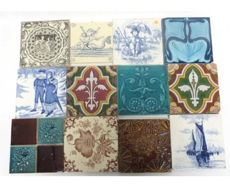 Box containing quantity of 19th century ceramic tiles of various designs and makers (18)
