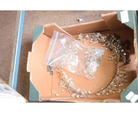 Small early 20th century ceiling light fitting with brass circular surround and glass prismatic drops, 25cm diam max
