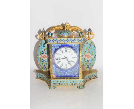 Contemporary brass and cloisonne mounted mantel clock of architectural form fitted with a quartz movement, 20cm high