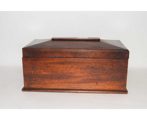 19th century mahogany tea caddy of sarcophagus form, hinged lid opening to a three compartment interior, 36cm wide