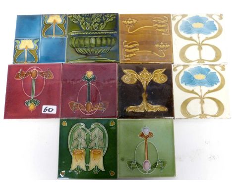 Group of 19th century ceramic tiles by Mintons and other makers including 10 tiles with matching floral designs, and 10 with 