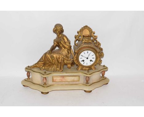 Late 19th century Continental gilt metal and marble mantel clock with figural mount, the white enamel dial with Roman numeral