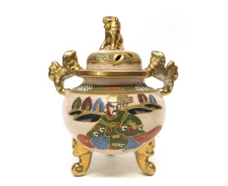 Japanese porcelain Koro decorated with enamels with a Japanese warrior, the cover with Dog of Fo finial