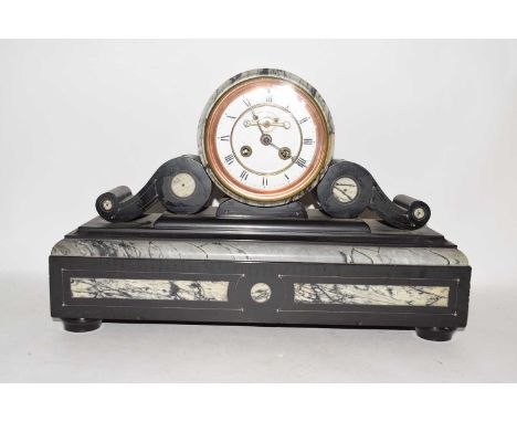 Victorian black slate and grey marble cased mantel clock with enamelled face with Roman numerals to a twin train movement str