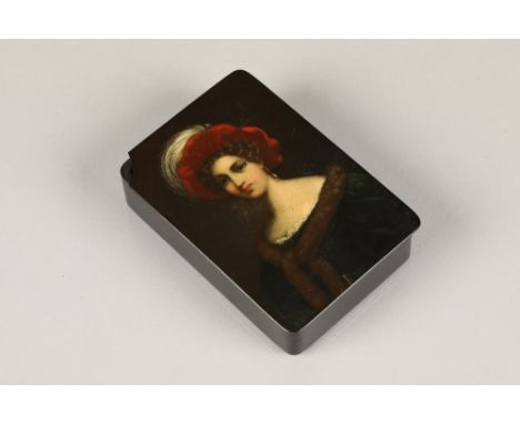 19th century continental papier mâché snuff box, hinged cover with hand painted portrait of a lady, signed to interior Lodisk