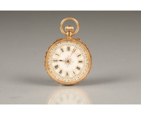 Victorian ladies 18k gold pocket watch, white decorative enamel dial, black roman numerals, 3.6cm diameter, weight 36g.CONDIT
