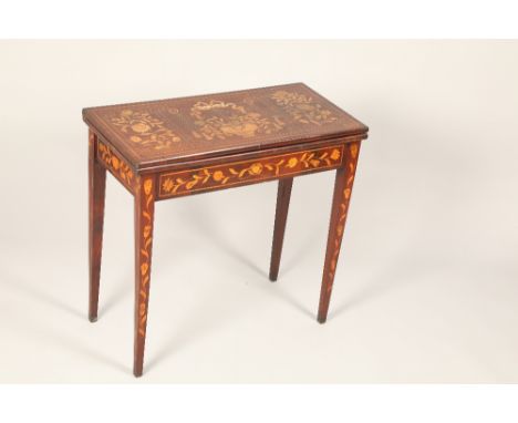 19th century Dutch marquetry foldover games table, twist foldover floral marquetry top, revealing a circular green baize surf