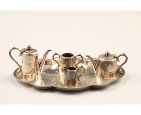 Miniature five piece silver tea service, including tray, tea and coffee pot, sugar and cream, assay marked Sheffield 1902, we