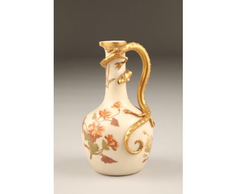 Royal Worcester ewer, bottle shaped, blushware with floral decoration and gilt dragon scroll handle, date coded 1892, 18cm hi
