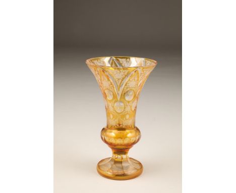 19th century bohemian amber engraved glass flared vase, with floral decoration, 23cm high.CONDITION REPORT;Slight chip to rim