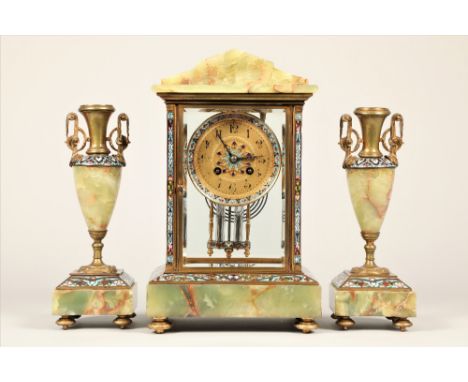 19th century French four glass, three piece clock garniture, green onyx and champleve enamel, circular dial with black numera