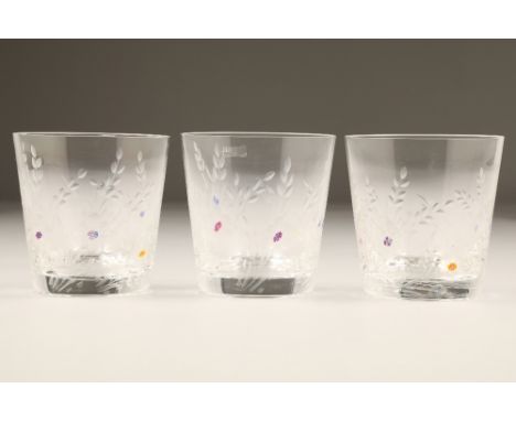 Boxed set of six Saint Louis crystal glasses, engraved with flowers with applied colour enamel detail (6), 9.5cm high, 9.5cm 
