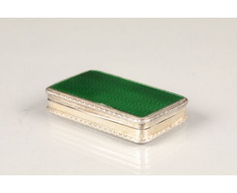 Continental silver and enamel snuff box, rectangular form with a green enamelled hinged lid, stamped 925, weight 38g, 55mm lo
