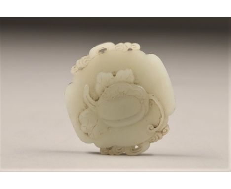 19th century Chinese carved jade buckle, decorated with a mouse on a marrow, 55mm long, 51mm wide, 7mm wide.CONDITION REPORT: