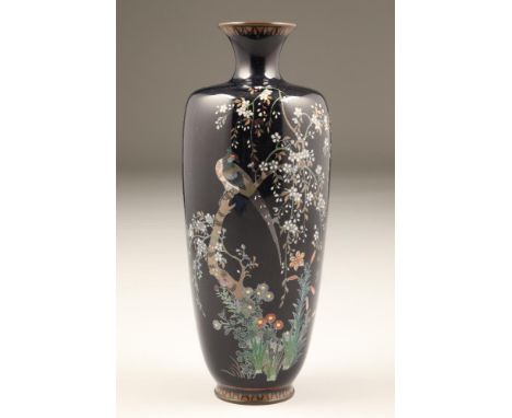 Japanese cloisonne vase, baluster form, dark blue ground decorated with a pheasant sitting in a flowering tree, Meiji period 