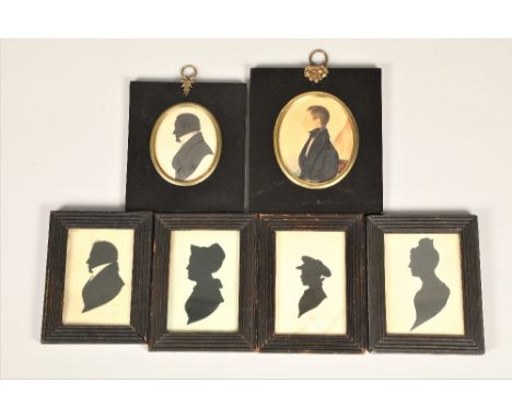 Five assorted silhouettes, and a framed portrait.