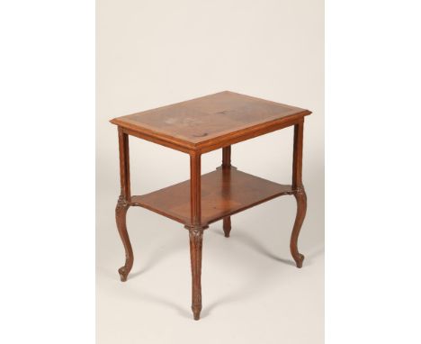 19th century French walnut and kingwood side table, with undertier shelf, raised on short cabriole legs, with carved acanthus