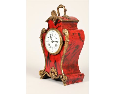 19th century French red tortoiseshell and gilt metal mantle clock, circular enamelled dial, 8 day movement striking on bell s