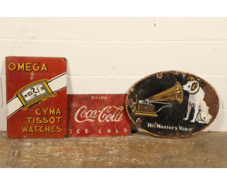 Three assorted enamel signs1. Coca Cola Ice Cold 40.5cm long, 27cm wide2. Omega, Cymn, Tissot Watches, 51cm long, 35.5cm wide