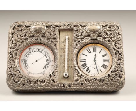 Victorian electro plated silver pocket watch and pocket barometer, in a silver embossed travel case with a central thermomete