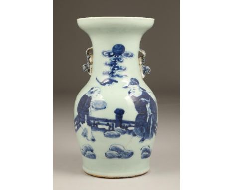 19th century Chinese vase, baluster form with applied Buddhist dogs to neck, decorated with blue figures under a pale blue gl