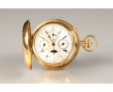 Gents 18 carat gold Hunter chiming pocket watch, with white enamel dial and roman numerals, also with subsidiary dials, secon