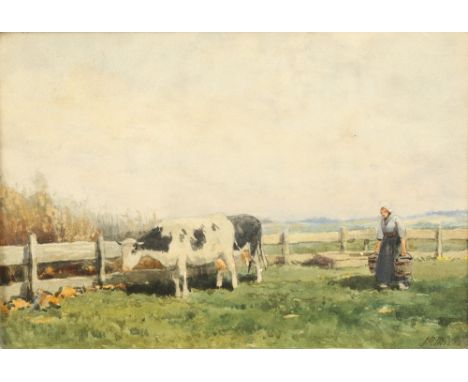 J R MillerFramed watercolour, signed'Milking the Cows'17cm x 24cm
