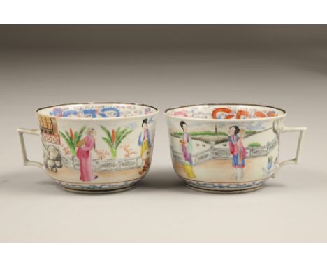 Pair of 19th century Chinese cups, decorated with continuous scene figures in a garden. Interior has a border of dragons, 10.