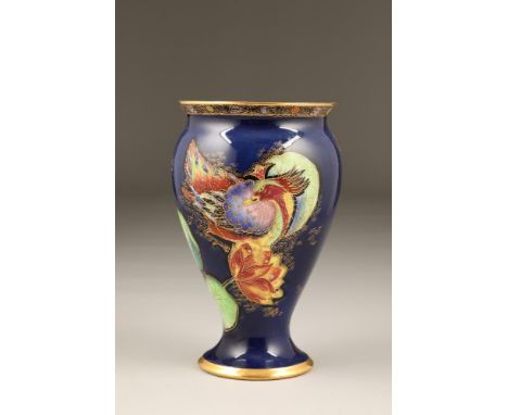 A Carlton ware crested bird and waterlily vase, pattern No.3529, baluster shape, on blue ground, 25cm high. CONDITION REPORT: