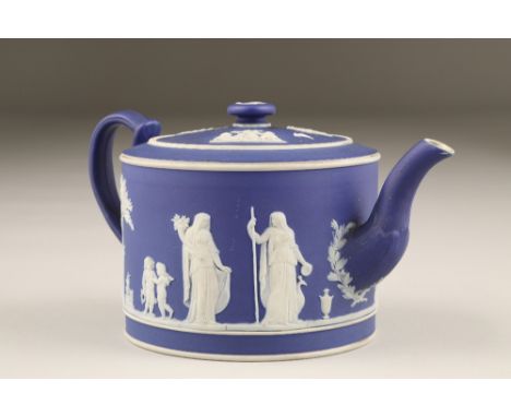 Victorian Wedgwood jasperware teapot and cover, decorated with neo classical figures, incised Wedgewood, 11cm high.CONDITION 