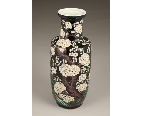 19th century Chinese rouleau shaped vase, black ground decorated with flowering prunus, six character mark to base, 43.5cm hi