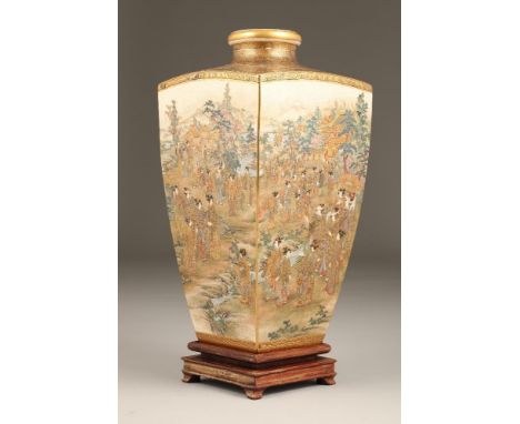 Late 19th century large Japanese satsuma vase, square tapering form, decorated with figures in landscapes, rivers mountains, 