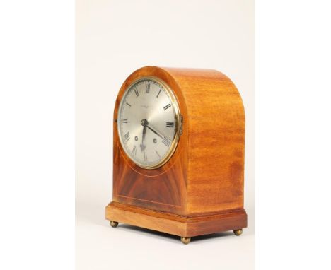 Edwardian English mahogany cased mantle clock, silvered dial, eight day movement, striking on a gong, retailed by Lindsay and