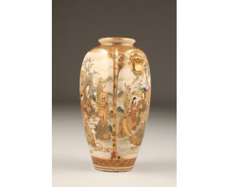 Japanese satsuma pottery vase, of faceted form, hand painted with figure panels, rich gilding, with applied lion dog masks (M