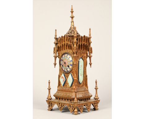 19th century French gothic gilt metal mantle clock, enamelled dial and decorative panels, 8 day movement striking on a bell, 