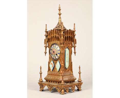 19th century French gothic gilt metal mantle clock, enamelled dial and decorative panels, 8 day movement striking on a bell, 