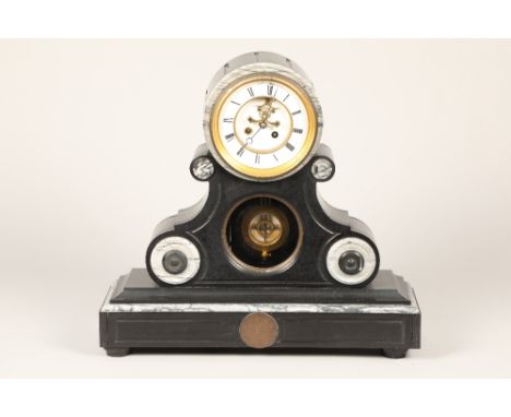 Victorian polished black slate and grey veined marble drum head mantle clock, circular dial over a pendulum window, 53cm long