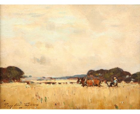 James Taylor Brown (Scottish 1868-1923)Gilt framed oil on board, signed'Autumn Harvest, near Dunlop, Ayrshire'17cm x 22cm