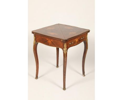 19th century French ormolu mounted kingwood marquetry envelope card table, twist envelope top revealing a green baize, single