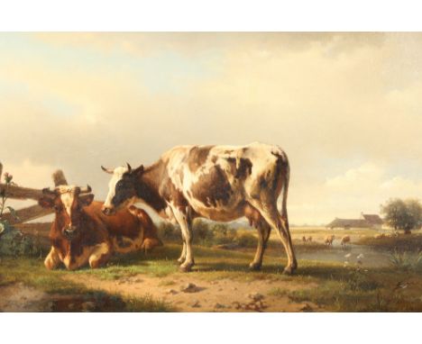 Late 19th century European SchoolGilt framed lined oil on canvas'Cattle in Landscape'60cm x 80cmProvenance: T and R Annan, Gl