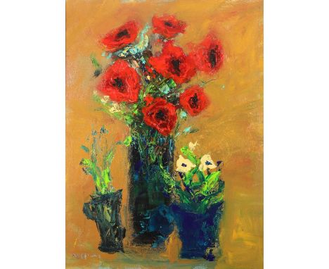 Nael Hanna (Scottish Iraqi  born 1959) ARRSilver framed oil on board, signed'Blue Vase of Red Poppies and a Small Blue Vase o