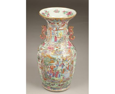 Chinese canton vase, baluster form, with applied handles, floral decoration with figure panels, 45cm high. Condition Report:T