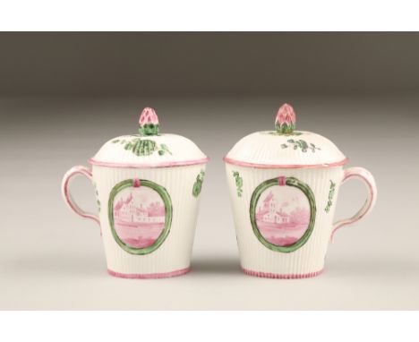 Pair 18th century Swedish Marieburg soft paste  custard cups and covers, flower bud finials, pink enrichments and pink decora