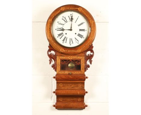 Victorian inlaid mahogany wall clock, 8 day time piece, circular white enamel dial with black roman numerals, scroll lower ca