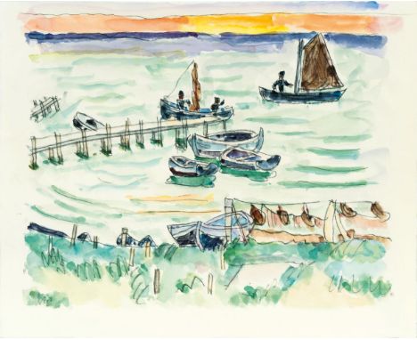 Ivo Hauptmann (Erkner 1886 - Hamburg 1973). Fischerboote. Aquarell und Kohle. 38 x 47 cm. Ungerahmt.   - Landschafts-, Stille